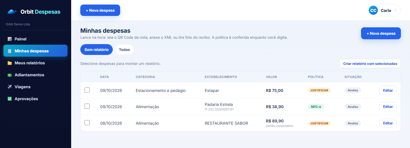 Lista de despesas do Orbit Despesas com a situação da política em cada linha, como justificar ou NFC-e lida