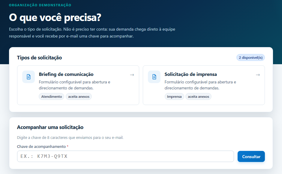 Central de solicitações do Orbit Helpdesk com os tipos de pedido e o campo da chave de acompanhamento